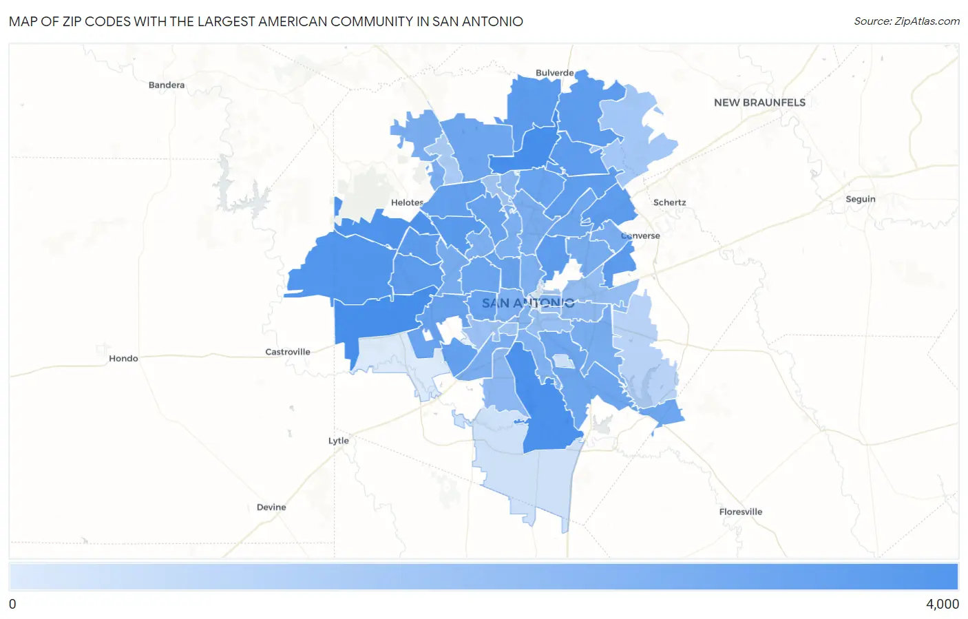 Zip Codes with the Largest American Community in San Antonio Map