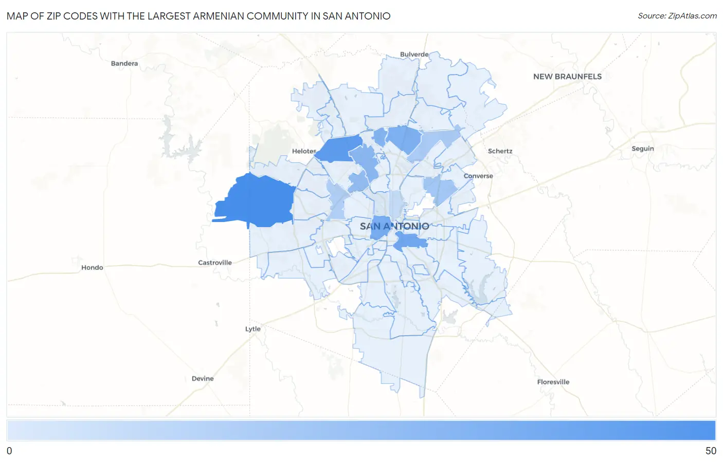 Zip Codes with the Largest Armenian Community in San Antonio Map