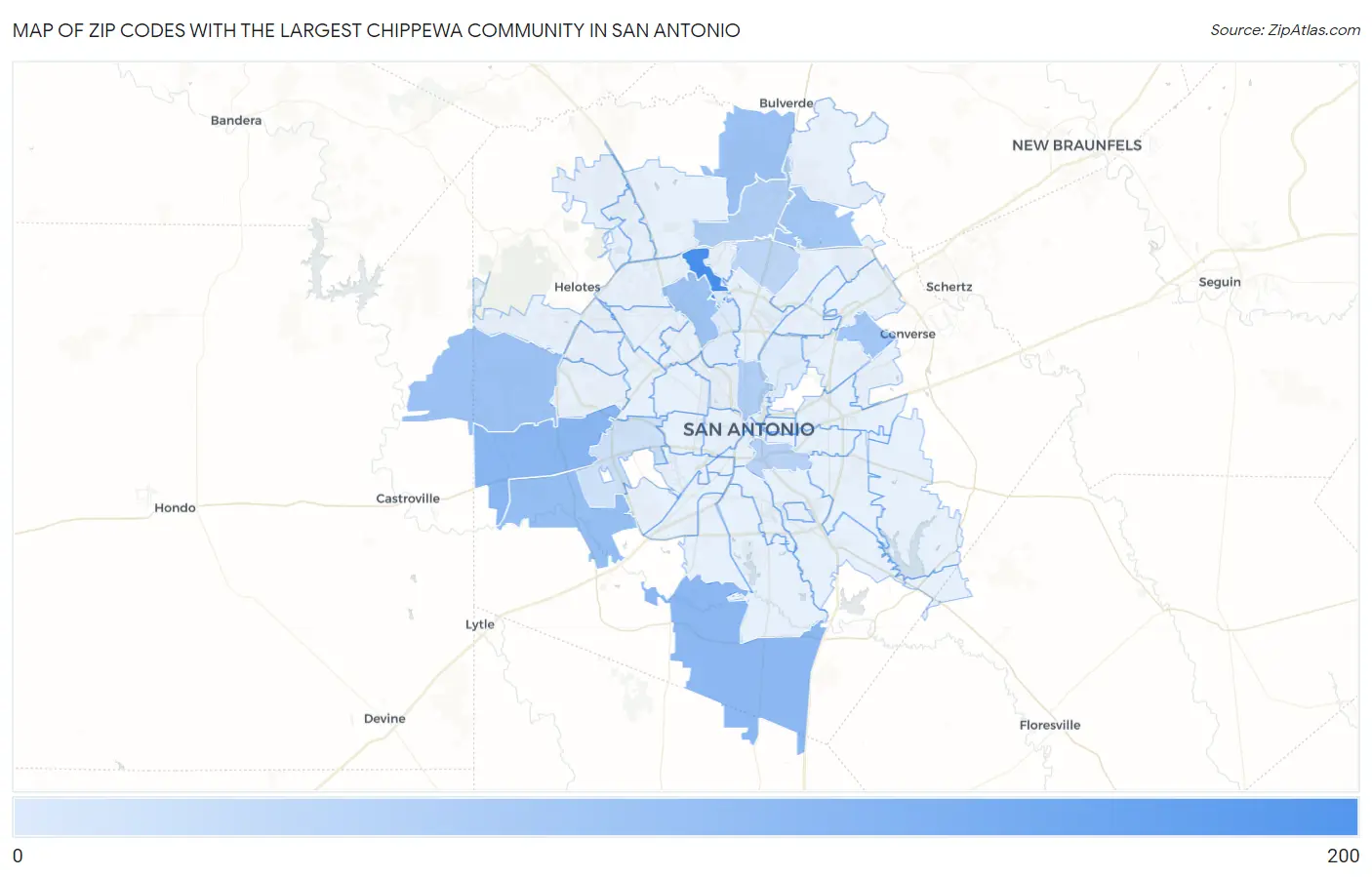 Zip Codes with the Largest Chippewa Community in San Antonio Map
