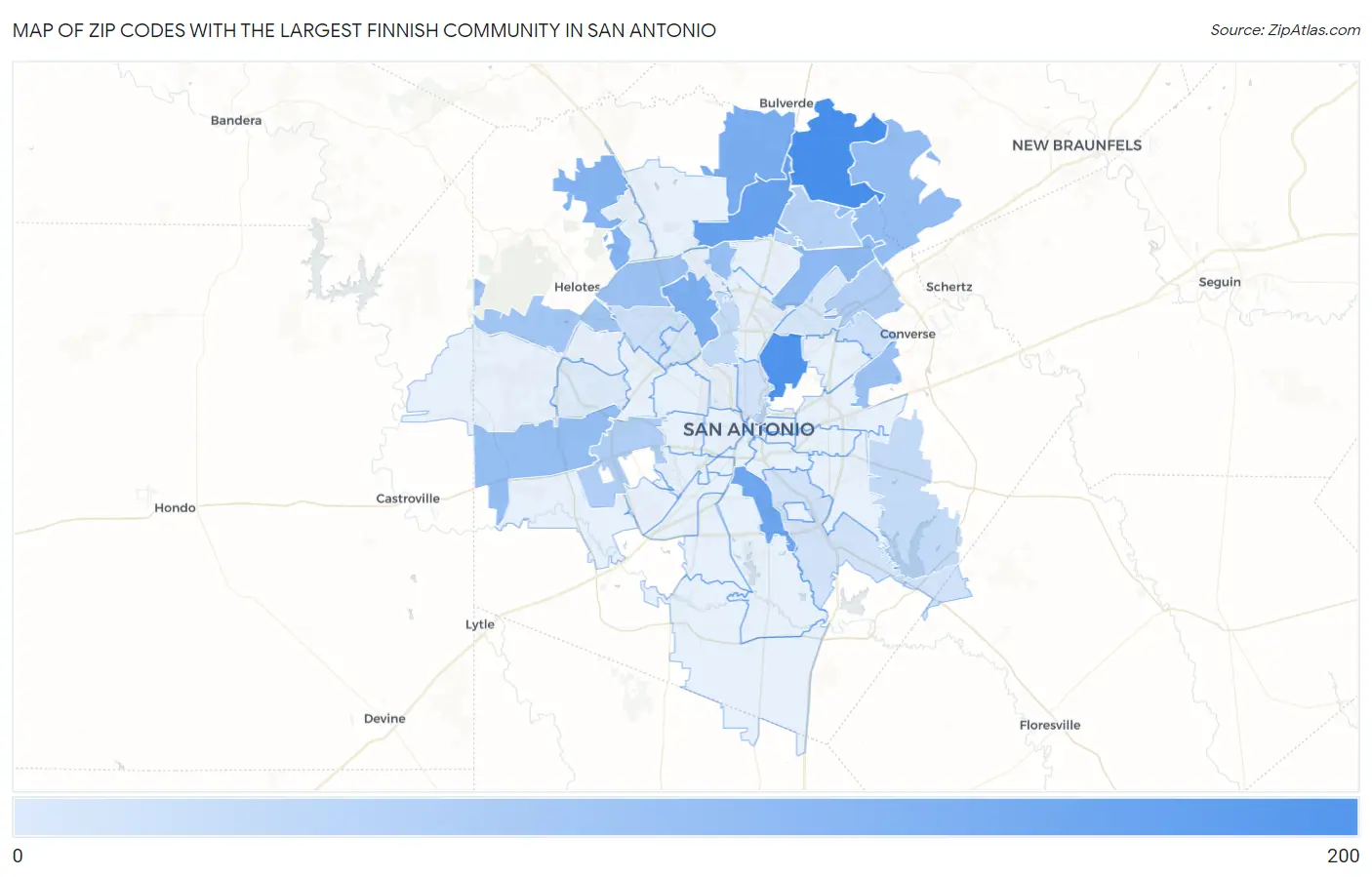 Zip Codes with the Largest Finnish Community in San Antonio Map