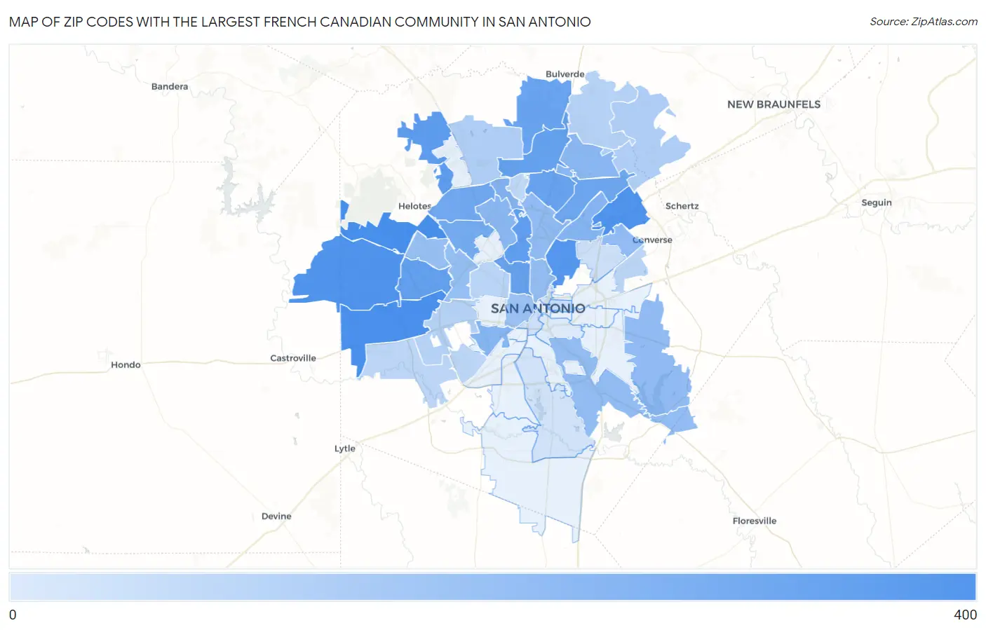 Zip Codes with the Largest French Canadian Community in San Antonio Map