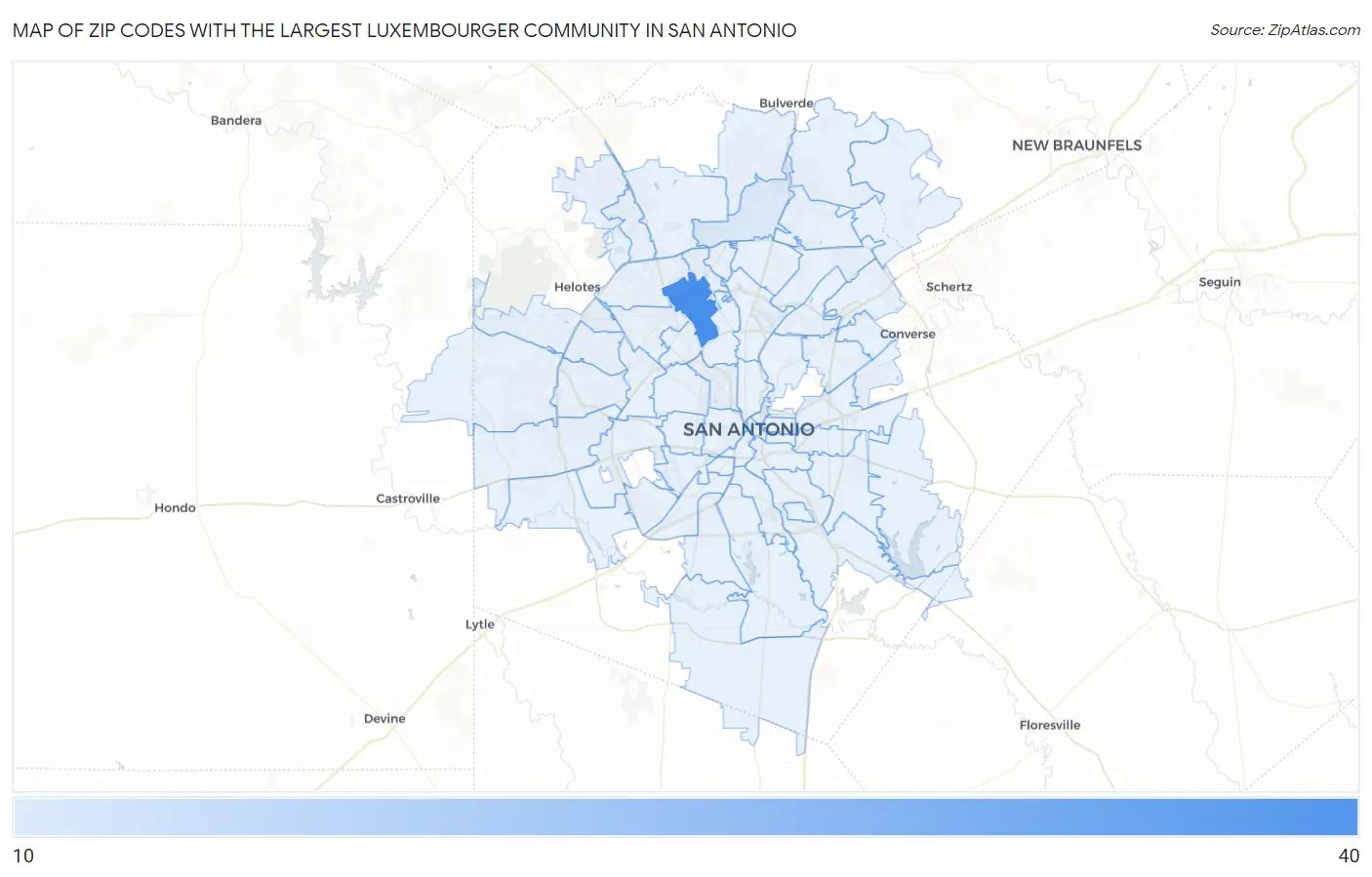 Zip Codes with the Largest Luxembourger Community in San Antonio Map