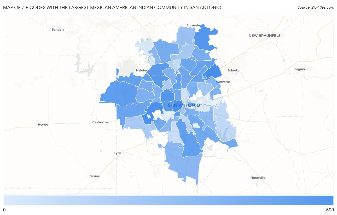 Zip Codes with the Largest Mexican American Indian Community in San Antonio Map
