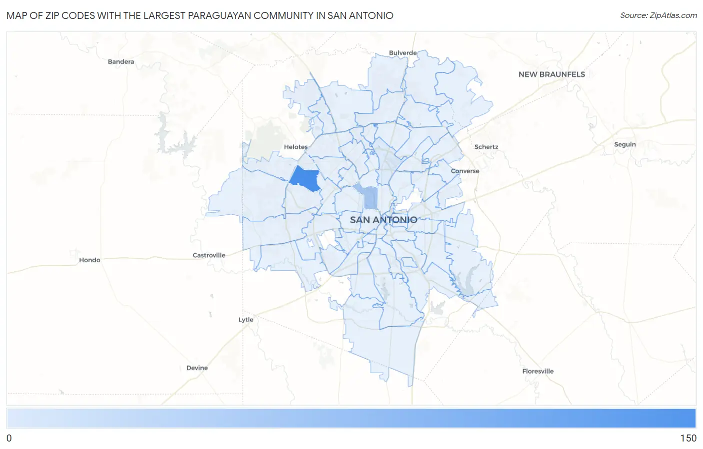Zip Codes with the Largest Paraguayan Community in San Antonio Map