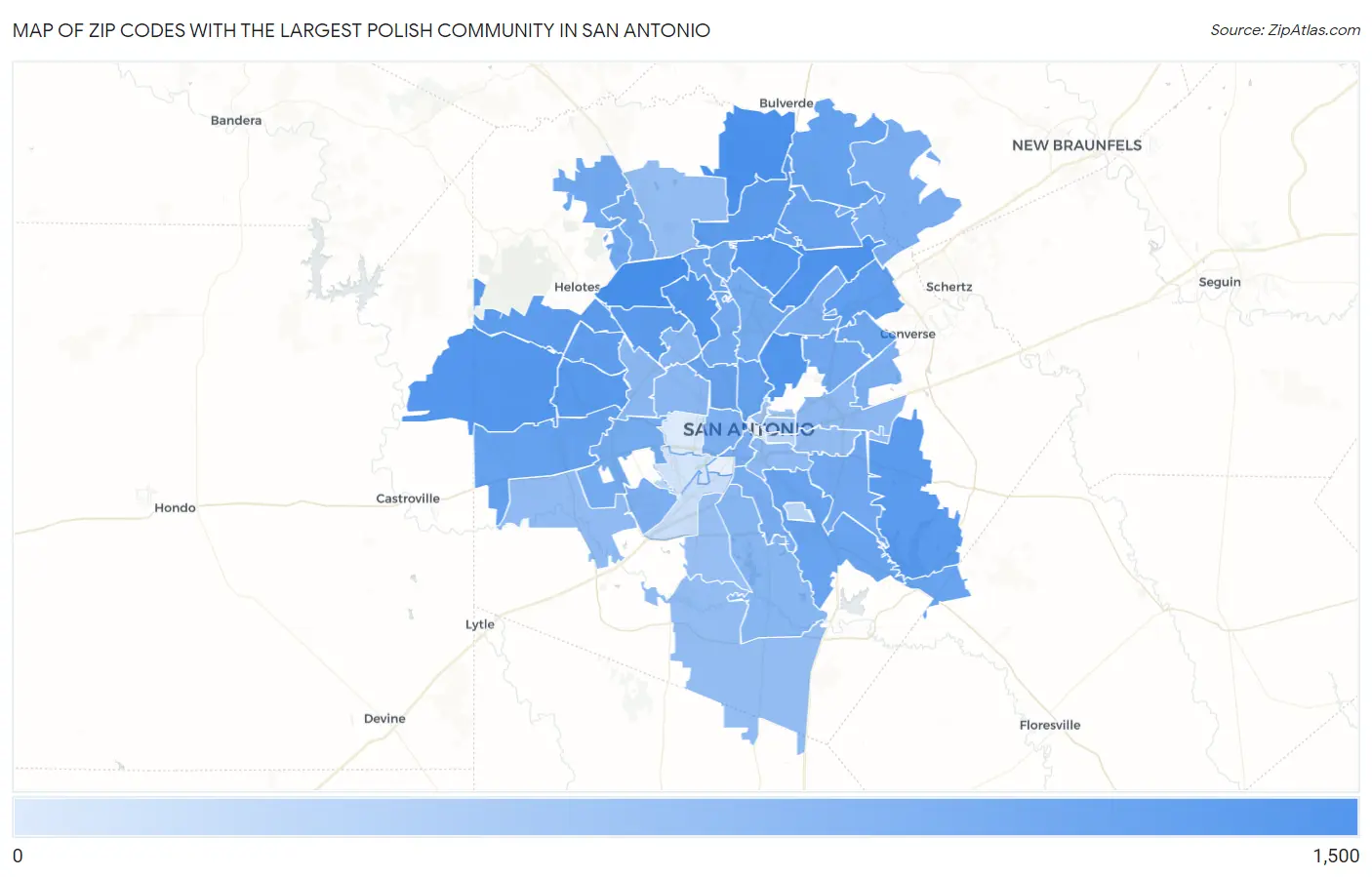 Zip Codes with the Largest Polish Community in San Antonio Map