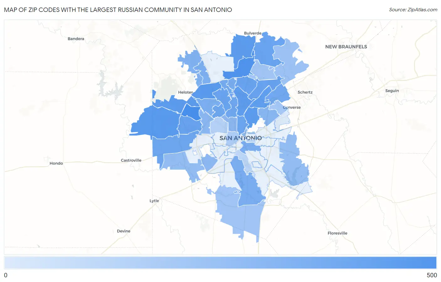 Zip Codes with the Largest Russian Community in San Antonio Map