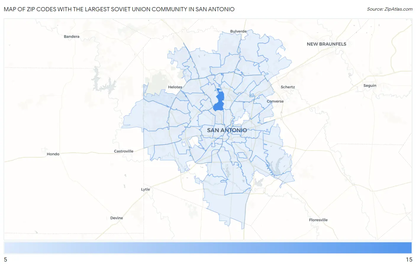 Zip Codes with the Largest Soviet Union Community in San Antonio Map