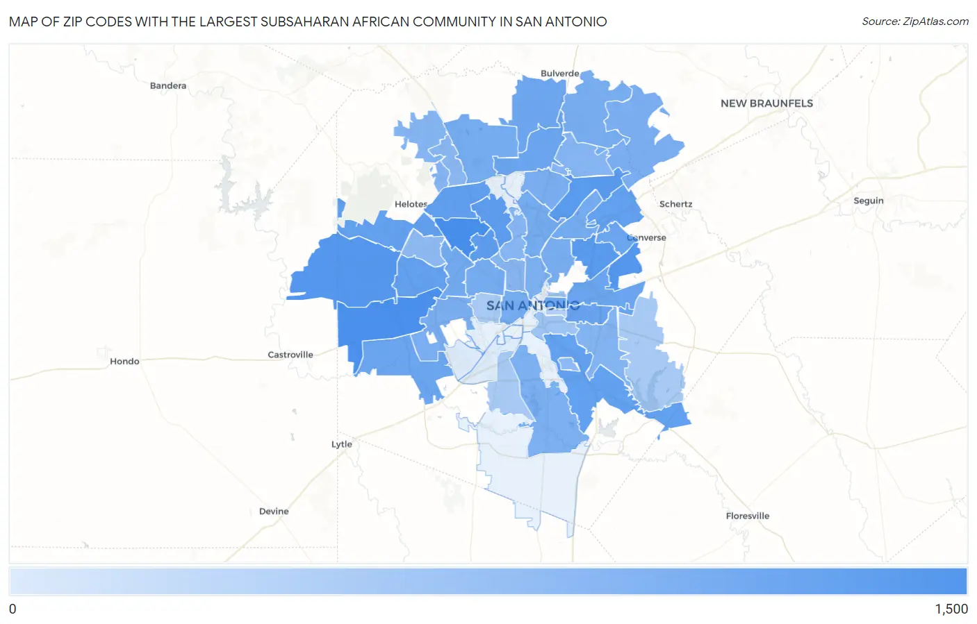 Zip Codes with the Largest Subsaharan African Community in San Antonio Map
