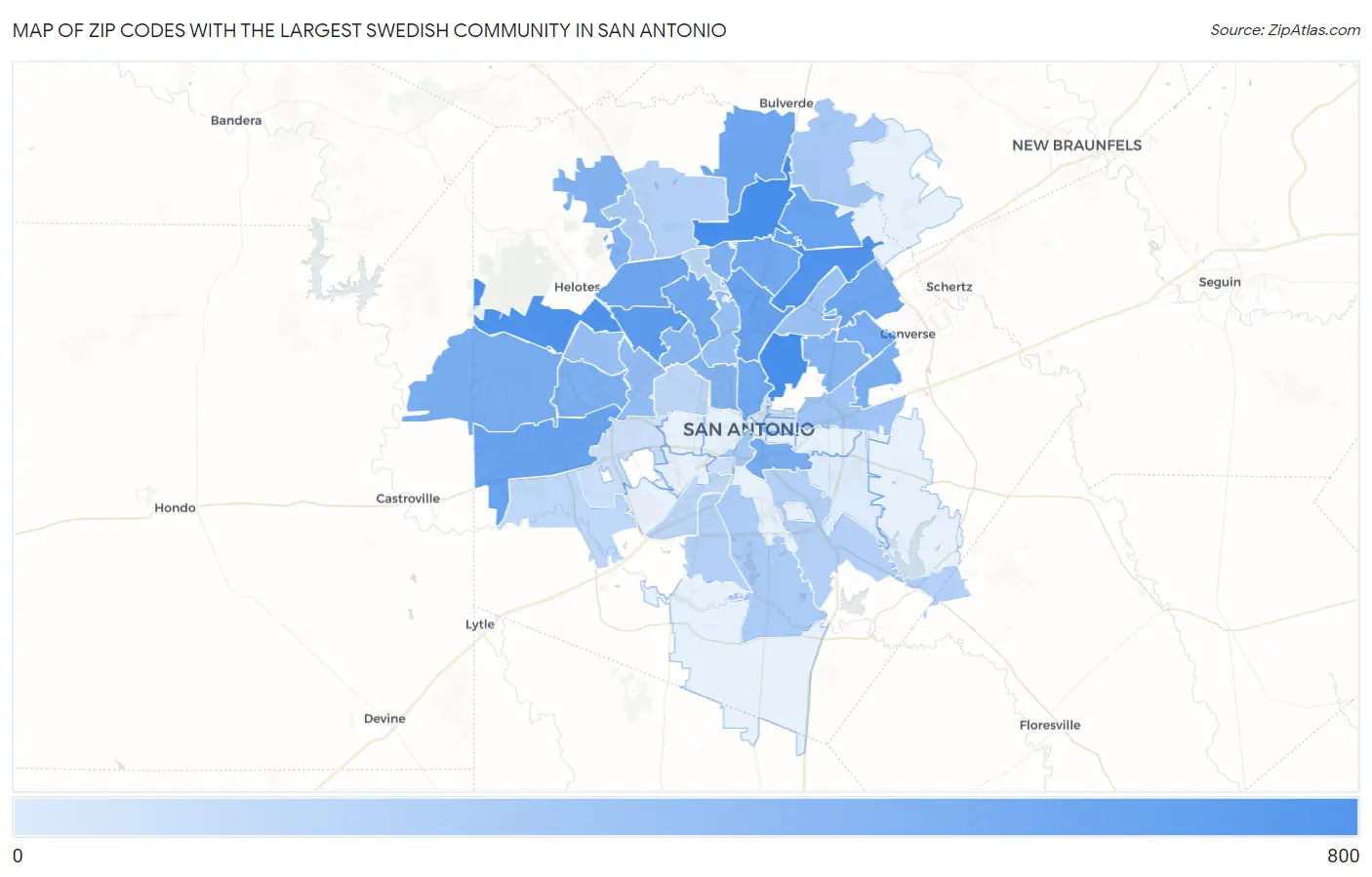 Zip Codes with the Largest Swedish Community in San Antonio Map