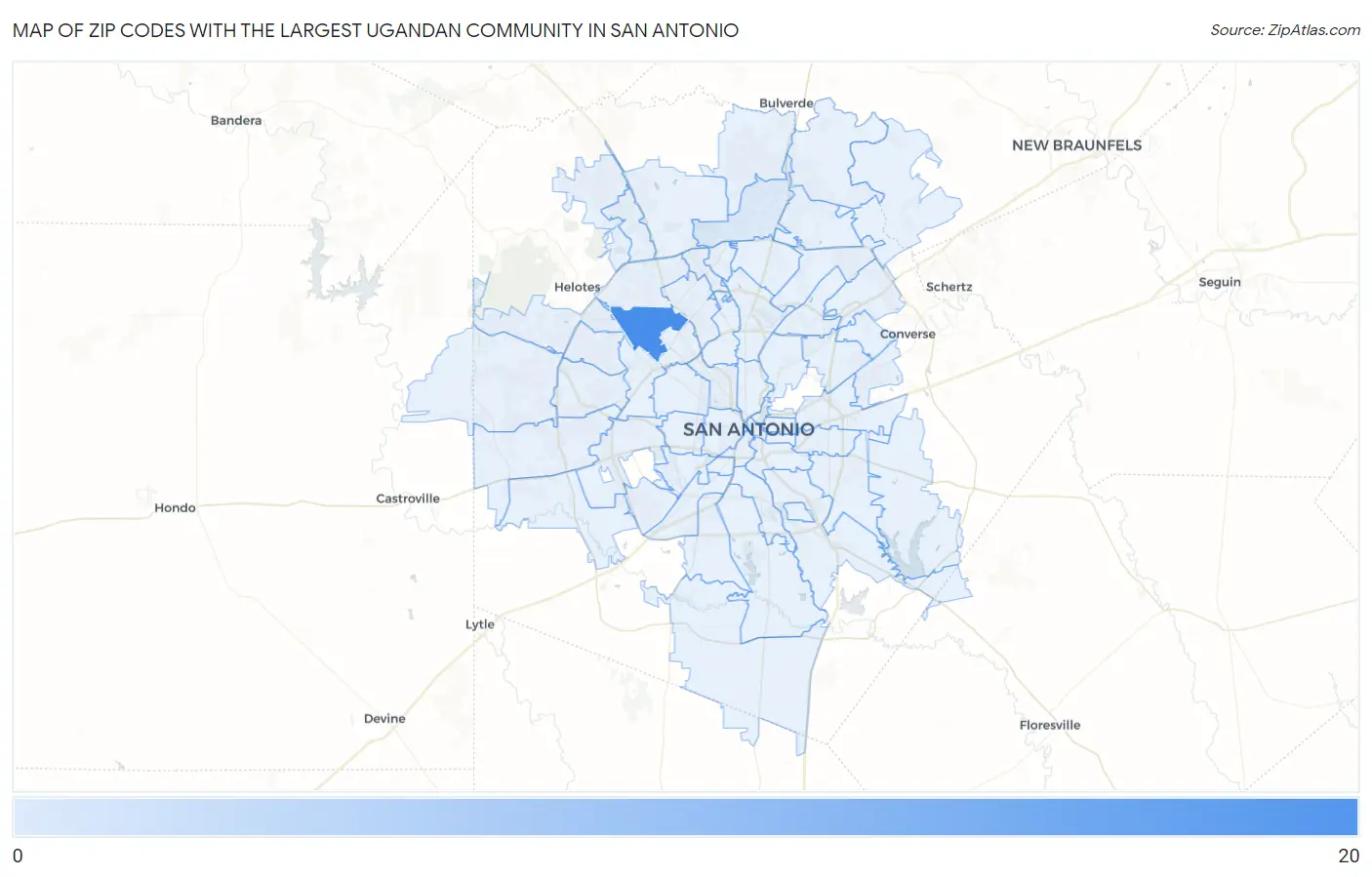 Zip Codes with the Largest Ugandan Community in San Antonio Map
