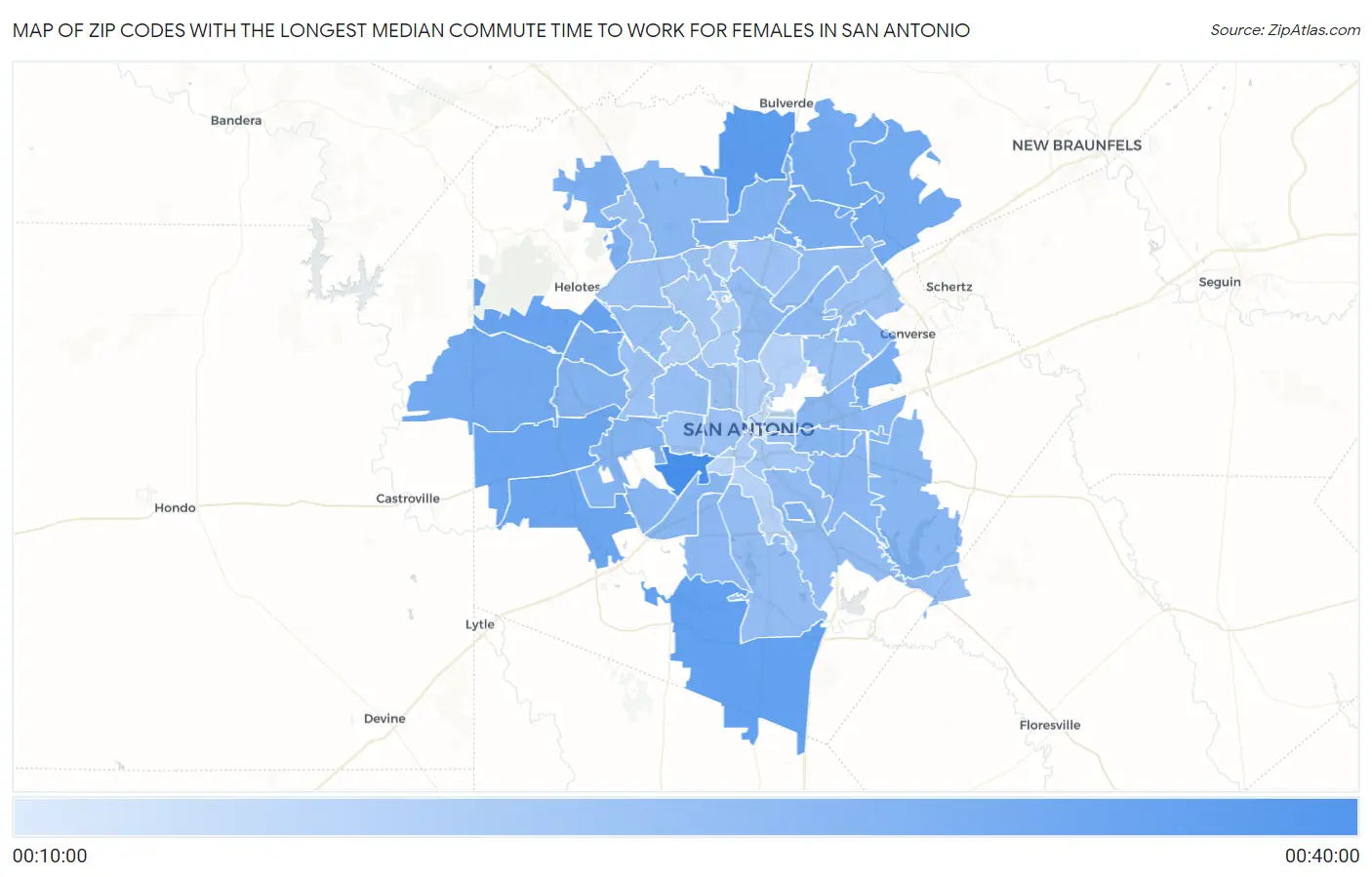 Zip Codes with the Longest Median Commute Time to Work for Females in San Antonio Map