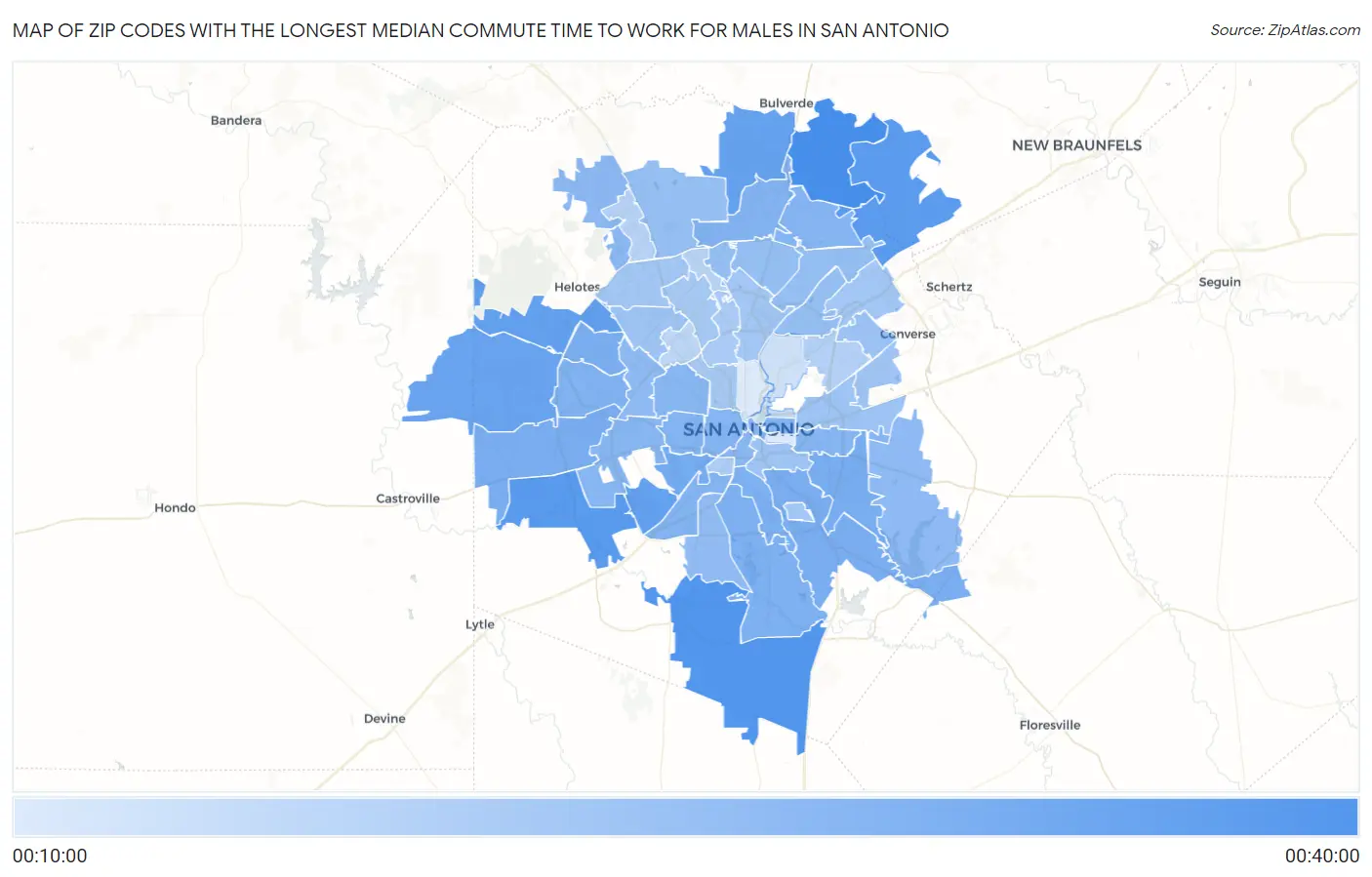 Zip Codes with the Longest Median Commute Time to Work for Males in San Antonio Map