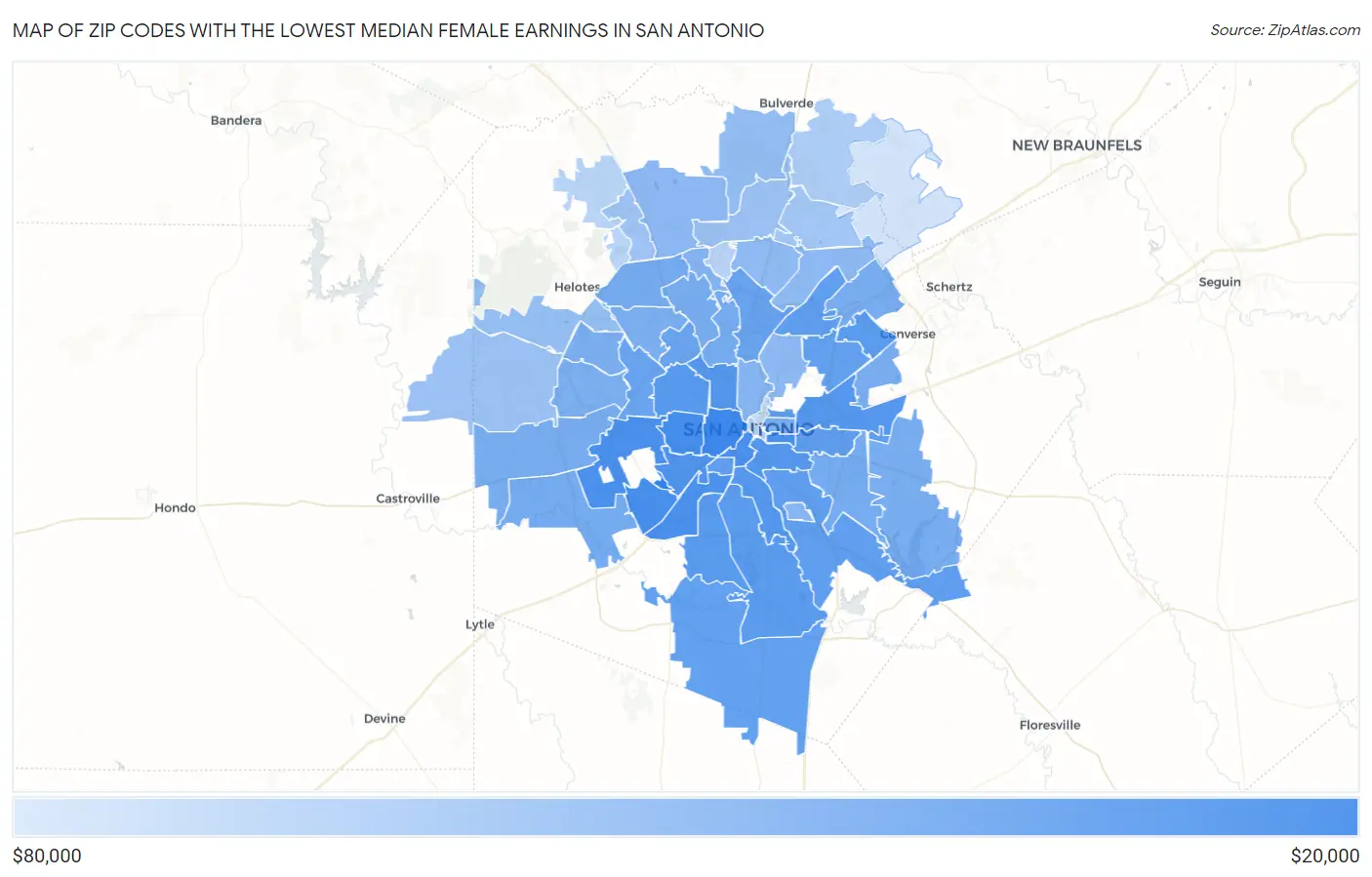 Zip Codes with the Lowest Median Female Earnings in San Antonio Map