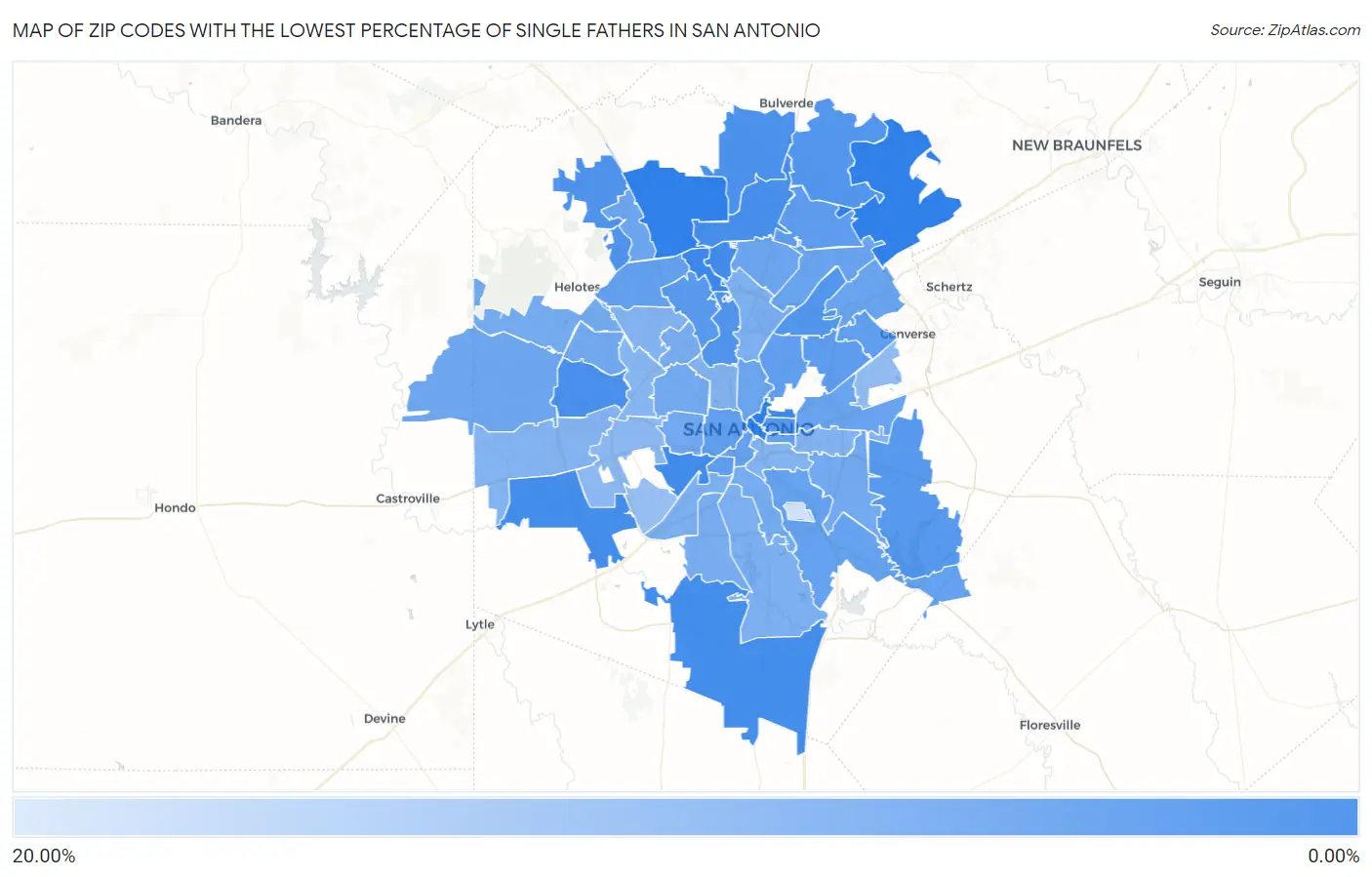 Zip Codes with the Lowest Percentage of Single Fathers in San Antonio Map