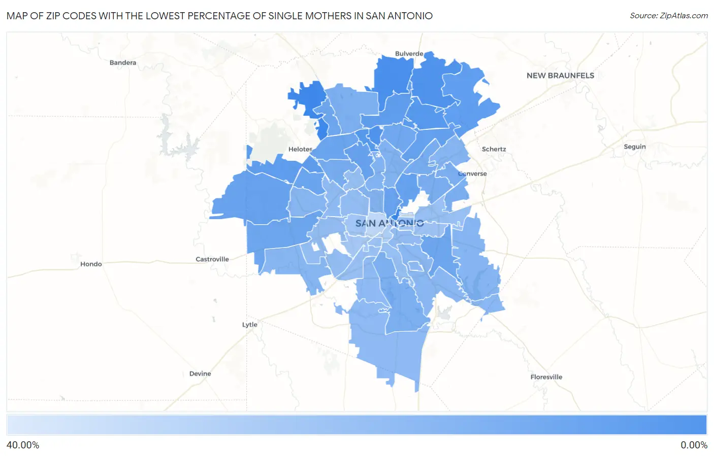 Zip Codes with the Lowest Percentage of Single Mothers in San Antonio Map
