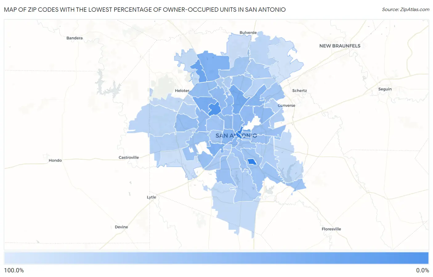 Zip Codes with the Lowest Percentage of Owner-Occupied Units in San Antonio Map