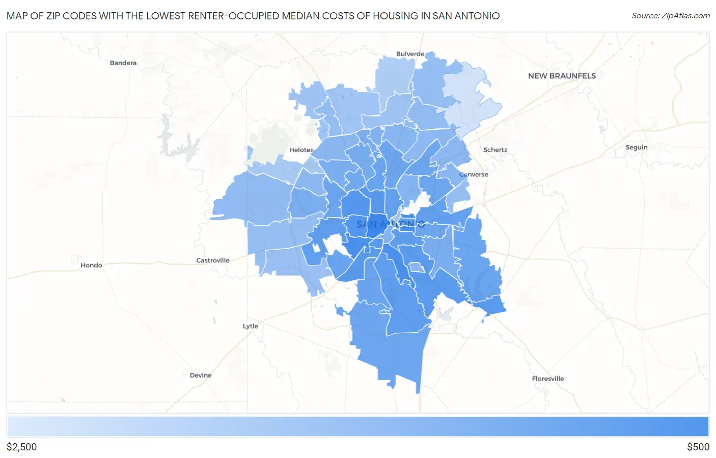Zip Codes with the Lowest Renter-Occupied Median Costs of Housing in San Antonio Map