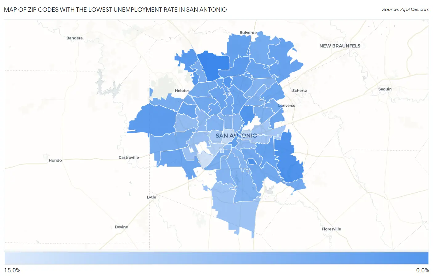 Zip Codes with the Lowest Unemployment Rate in San Antonio Map
