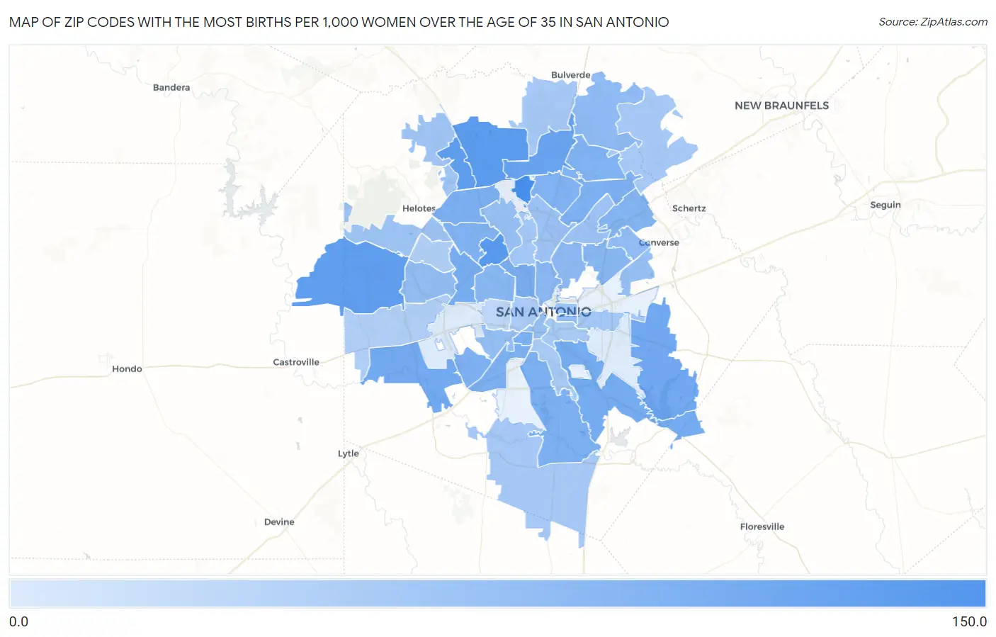 Zip Codes with the Most Births per 1,000 Women Over the Age of 35 in San Antonio Map
