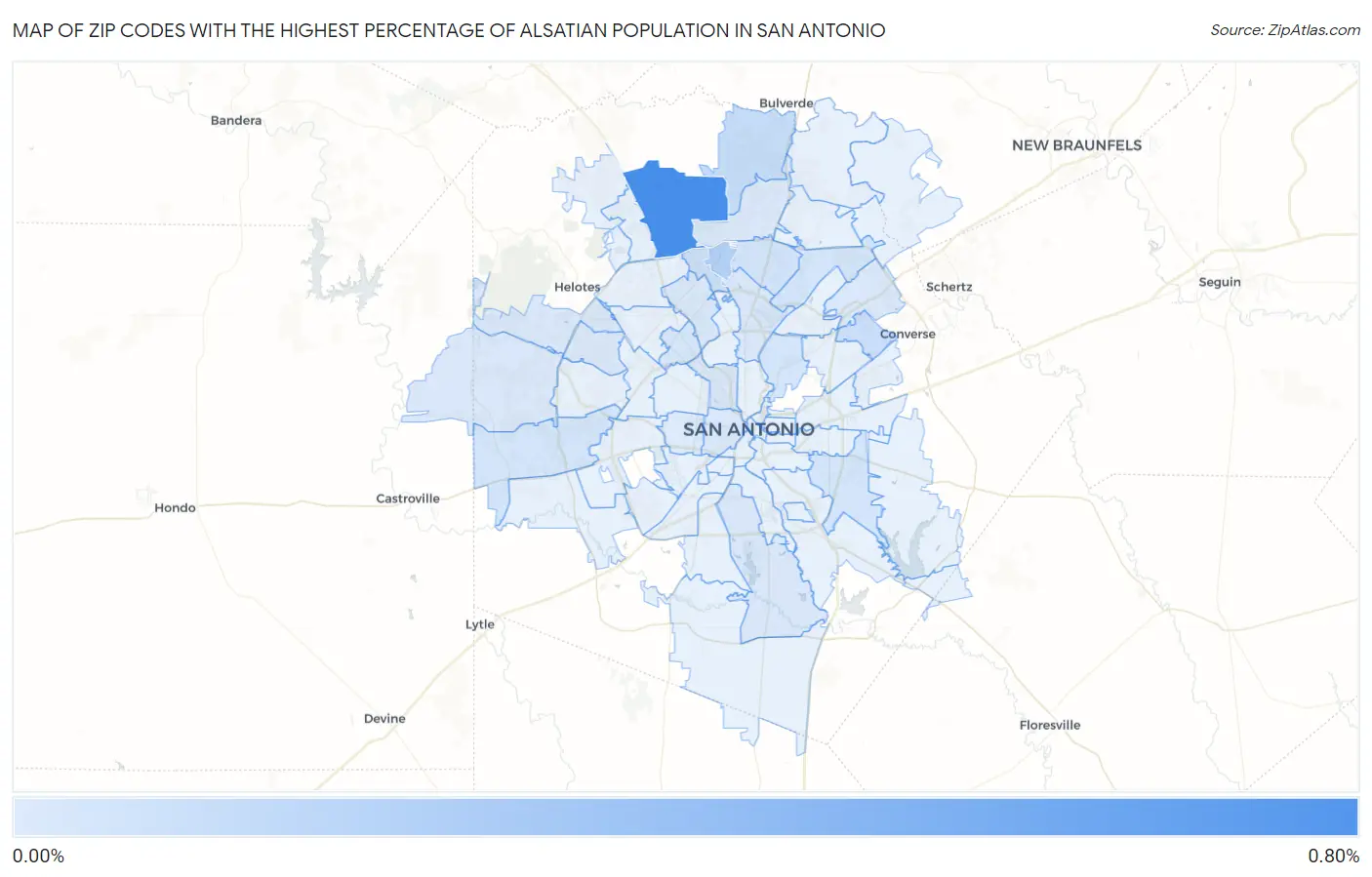 Zip Codes with the Highest Percentage of Alsatian Population in San Antonio Map