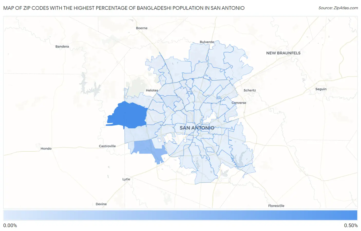 Zip Codes with the Highest Percentage of Bangladeshi Population in San Antonio Map