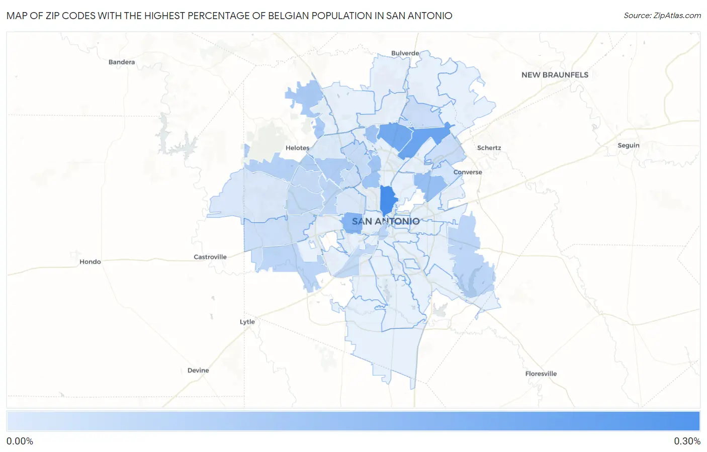 Zip Codes with the Highest Percentage of Belgian Population in San Antonio Map