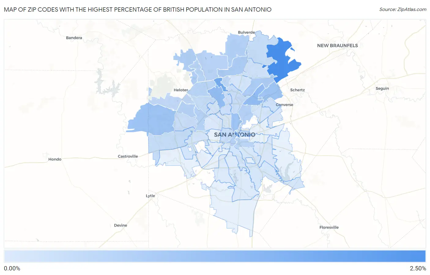 Zip Codes with the Highest Percentage of British Population in San Antonio Map