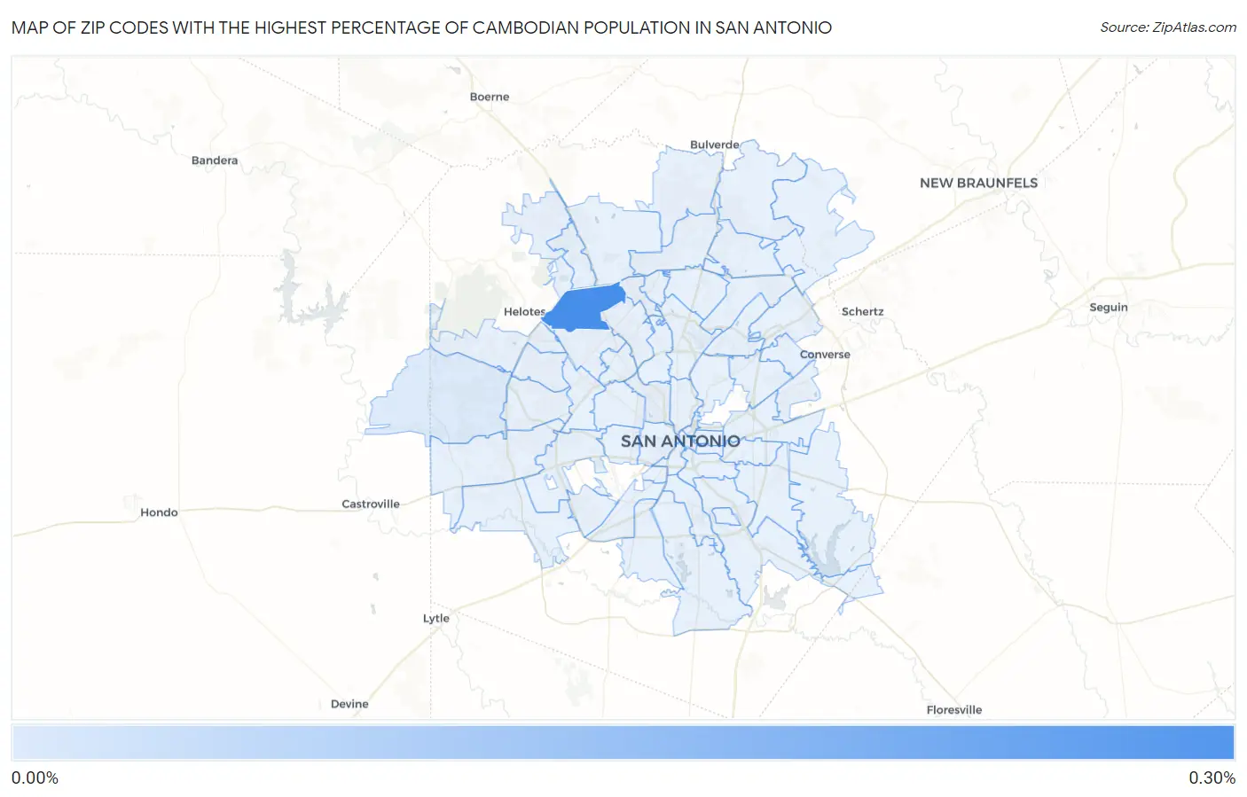Zip Codes with the Highest Percentage of Cambodian Population in San Antonio Map
