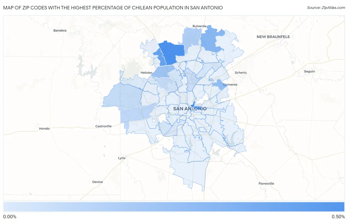 Zip Codes with the Highest Percentage of Chilean Population in San Antonio Map