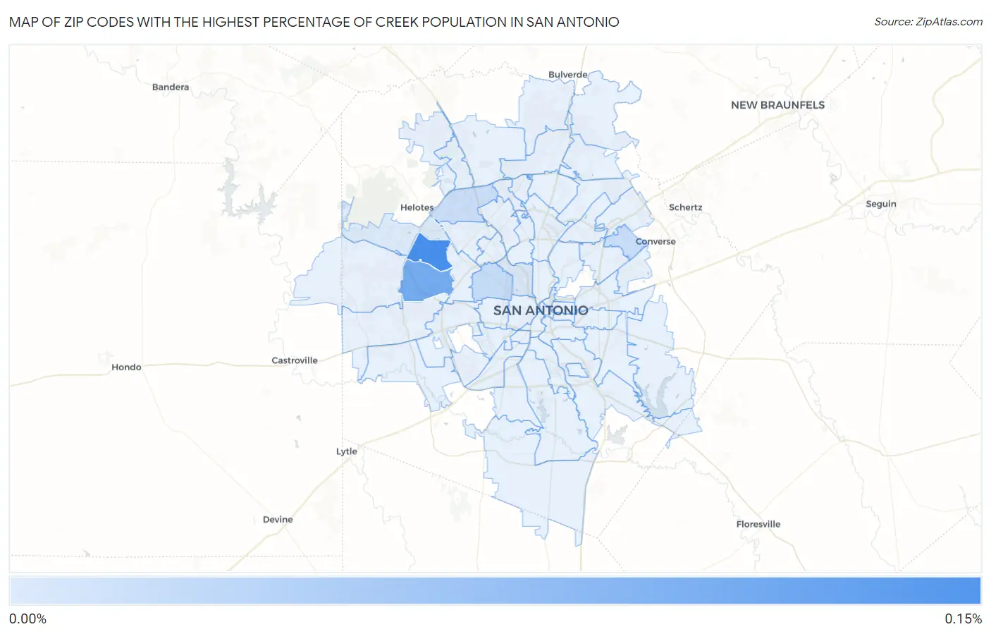 Zip Codes with the Highest Percentage of Creek Population in San Antonio Map
