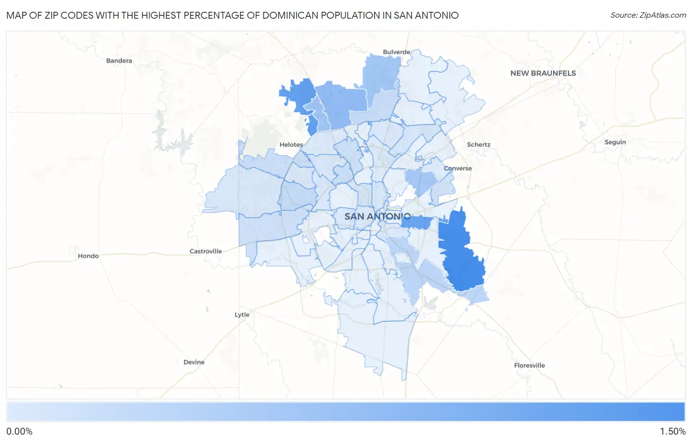 Zip Codes with the Highest Percentage of Dominican Population in San Antonio Map