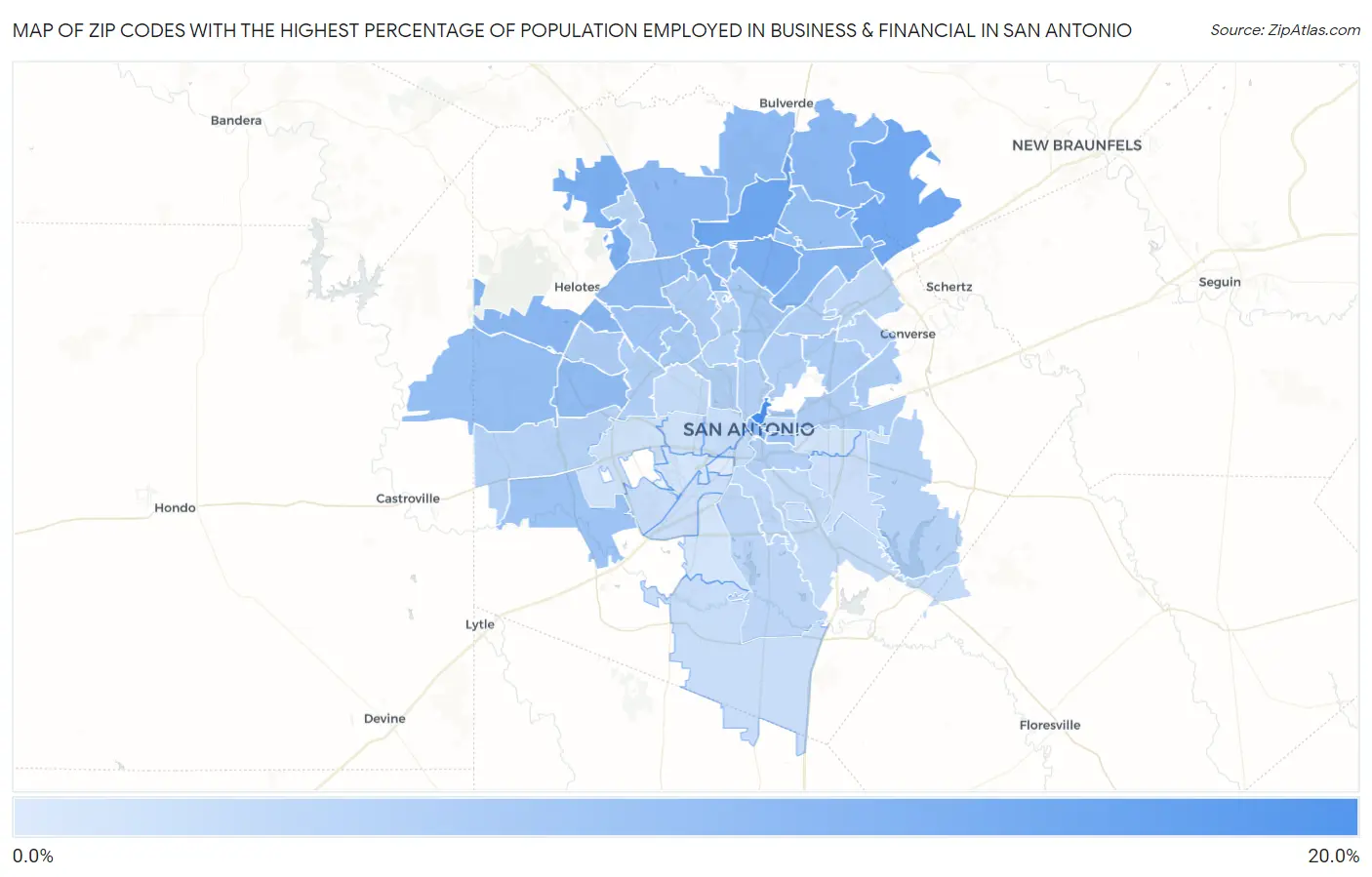 Zip Codes with the Highest Percentage of Population Employed in Business & Financial in San Antonio Map