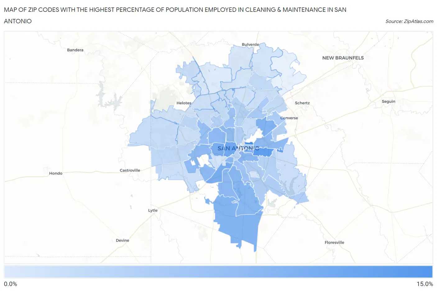 Zip Codes with the Highest Percentage of Population Employed in Cleaning & Maintenance in San Antonio Map