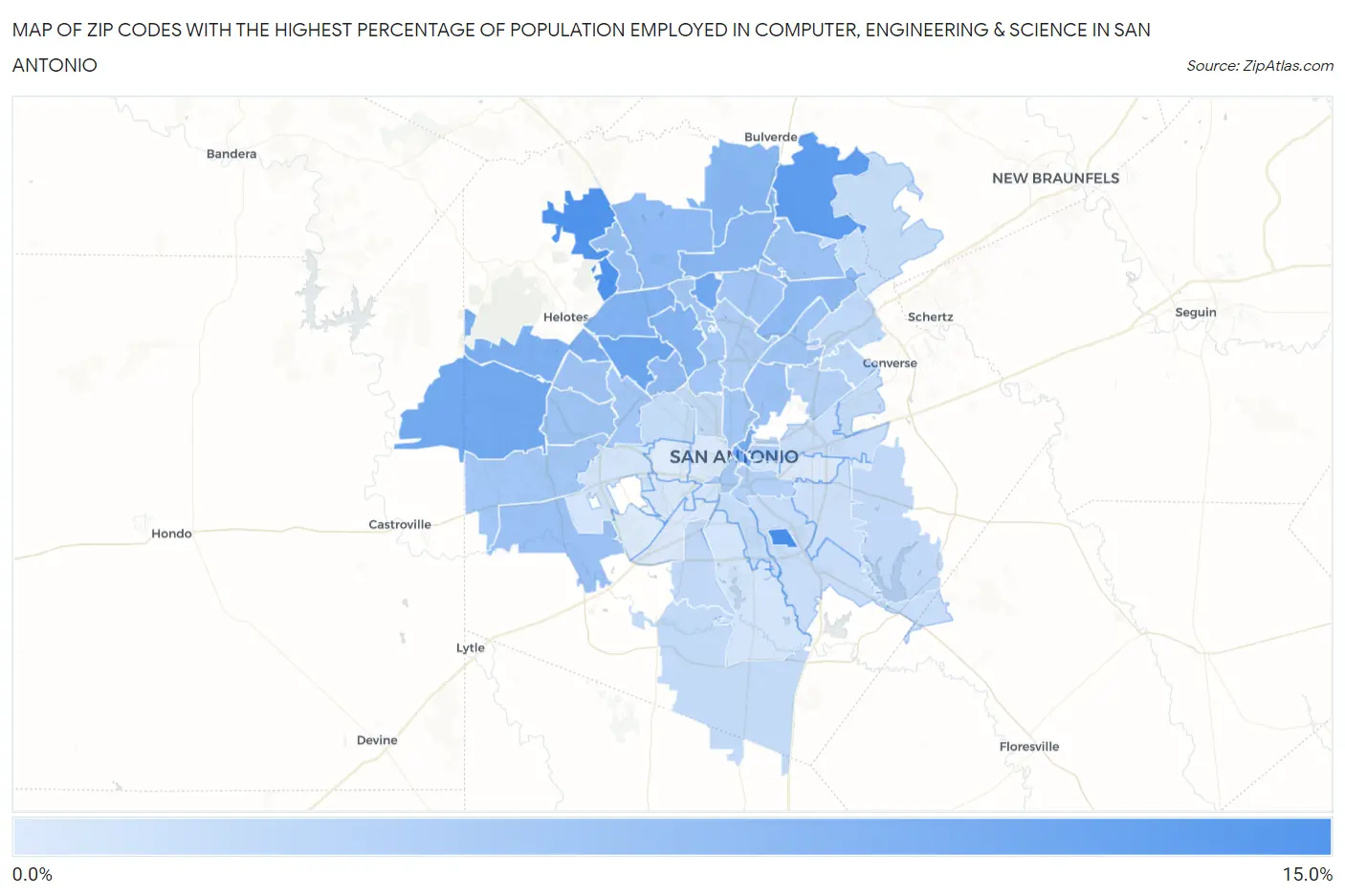 Zip Codes with the Highest Percentage of Population Employed in Computer, Engineering & Science in San Antonio Map