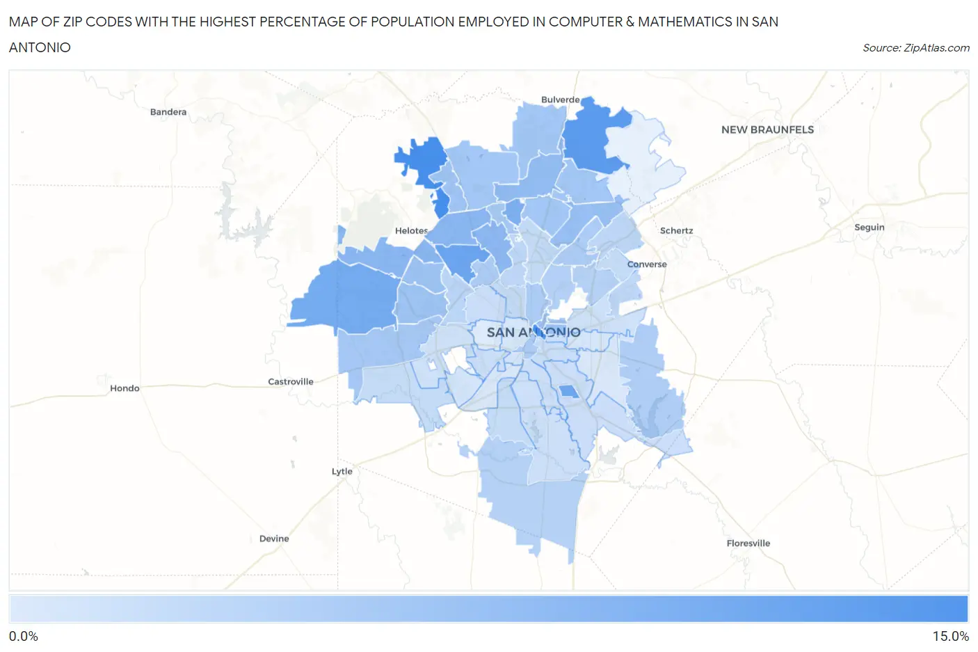 Zip Codes with the Highest Percentage of Population Employed in Computer & Mathematics in San Antonio Map