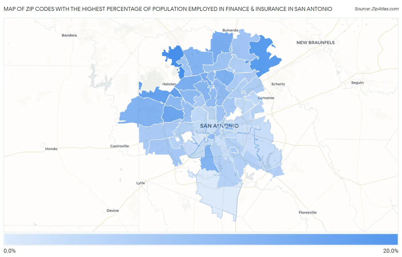 Zip Codes with the Highest Percentage of Population Employed in Finance & Insurance in San Antonio Map