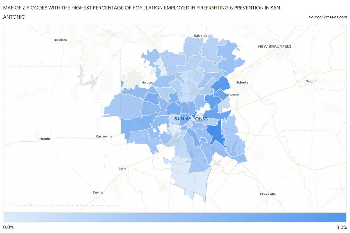 Zip Codes with the Highest Percentage of Population Employed in Firefighting & Prevention in San Antonio Map