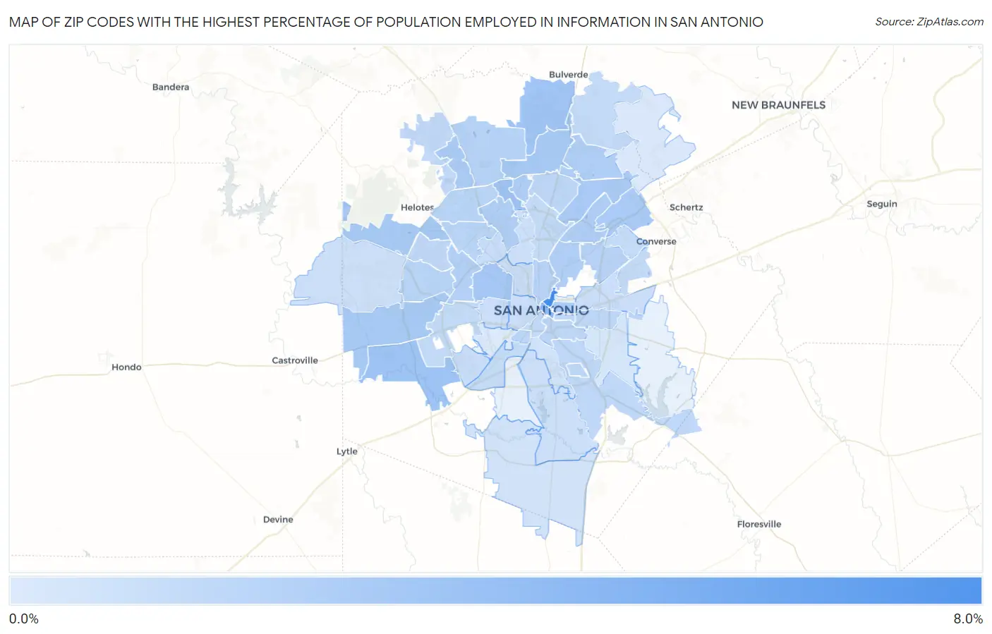 Zip Codes with the Highest Percentage of Population Employed in Information in San Antonio Map