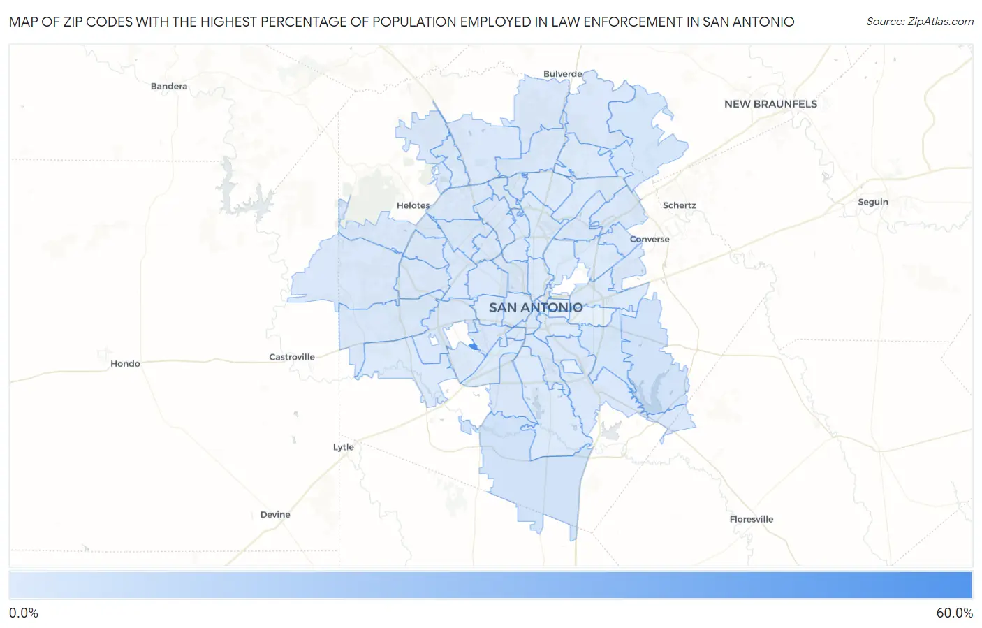 Zip Codes with the Highest Percentage of Population Employed in Law Enforcement in San Antonio Map