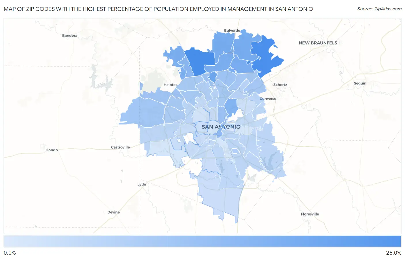 Zip Codes with the Highest Percentage of Population Employed in Management in San Antonio Map