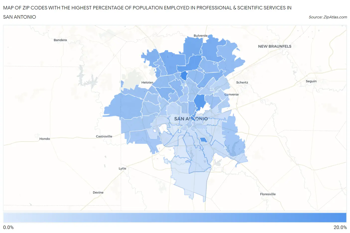 Zip Codes with the Highest Percentage of Population Employed in Professional & Scientific Services in San Antonio Map