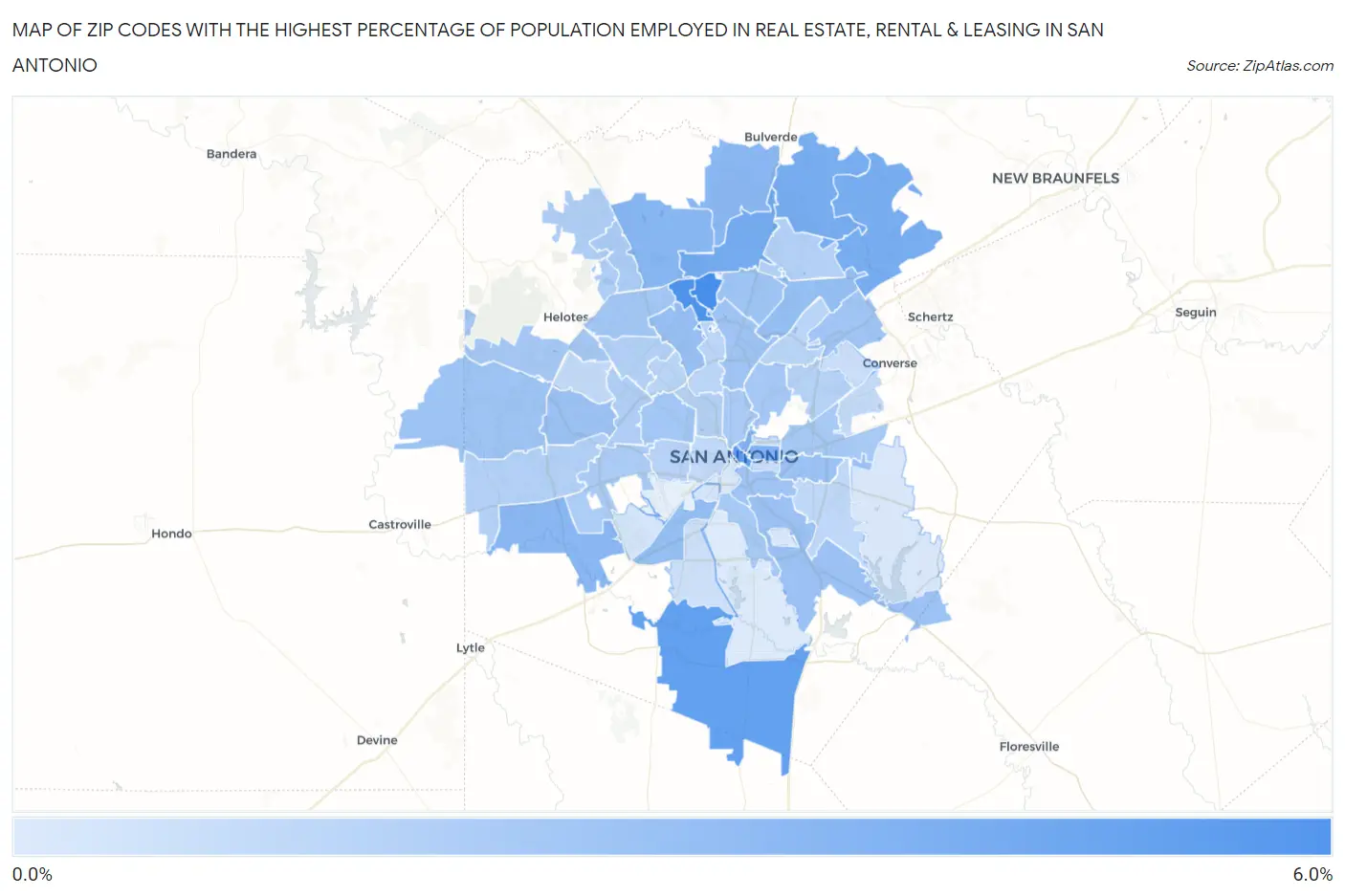 Zip Codes with the Highest Percentage of Population Employed in Real Estate, Rental & Leasing in San Antonio Map