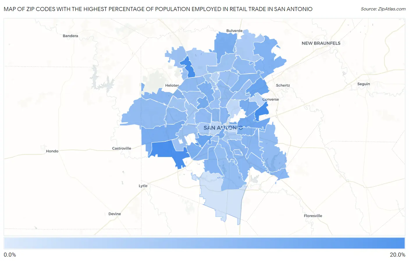 Zip Codes with the Highest Percentage of Population Employed in Retail Trade in San Antonio Map