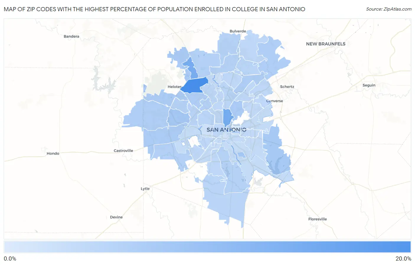 Zip Codes with the Highest Percentage of Population Enrolled in College in San Antonio Map