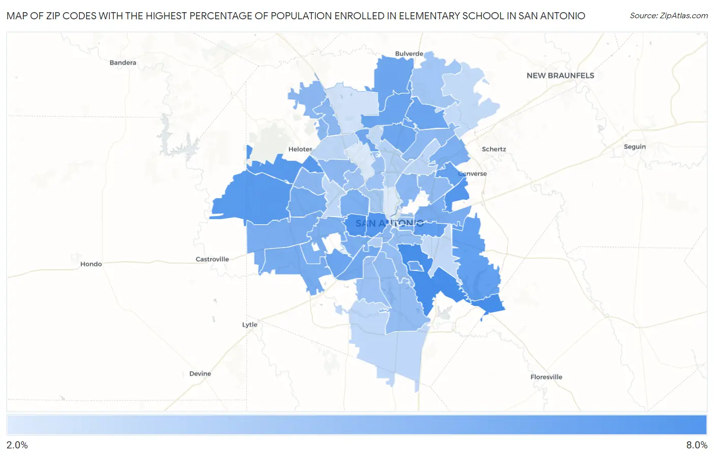 Zip Codes with the Highest Percentage of Population Enrolled in Elementary School in San Antonio Map