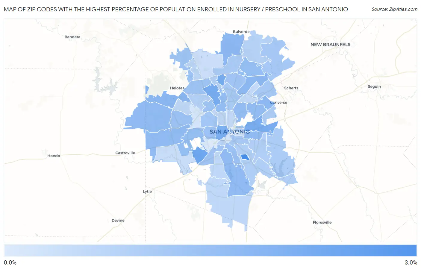 Zip Codes with the Highest Percentage of Population Enrolled in Nursery / Preschool in San Antonio Map