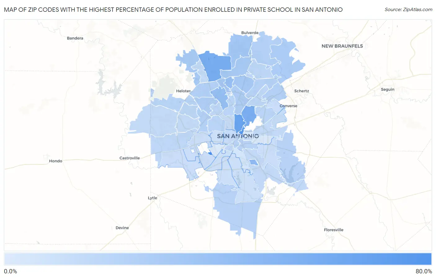 Zip Codes with the Highest Percentage of Population Enrolled in Private School in San Antonio Map