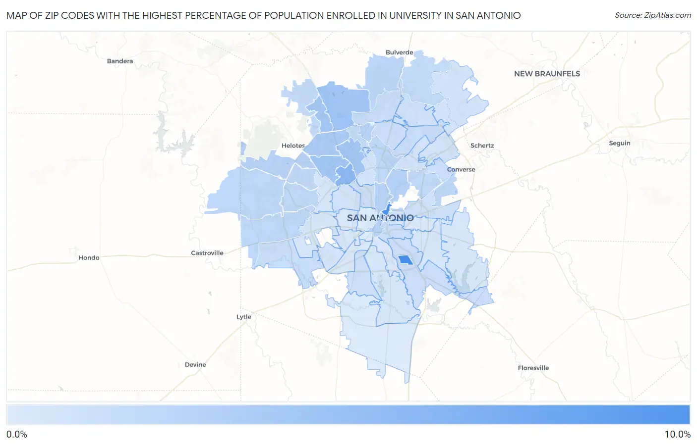 Zip Codes with the Highest Percentage of Population Enrolled in University in San Antonio Map