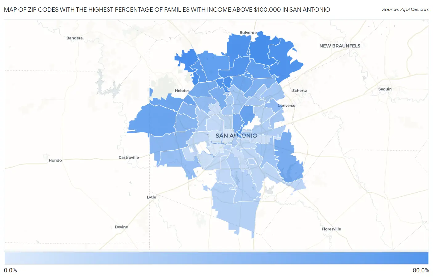 Zip Codes with the Highest Percentage of Families with Income Above $100,000 in San Antonio Map