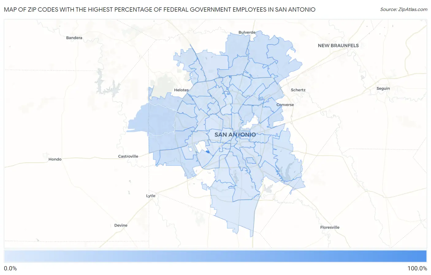 Zip Codes with the Highest Percentage of Federal Government Employees in San Antonio Map
